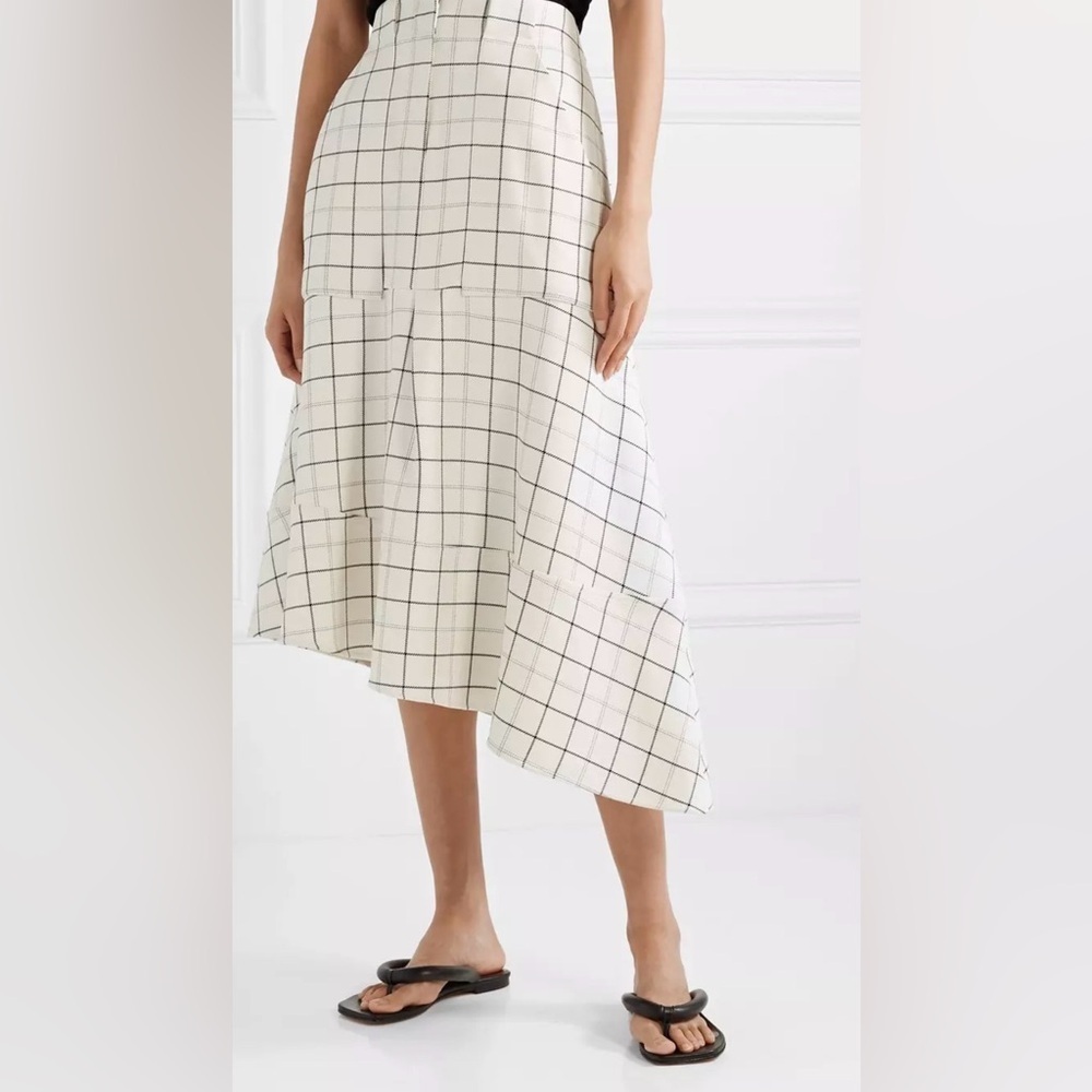Tibi Asymmetrical Windowpane Check Wool Blend Midi Skirt - Size 8